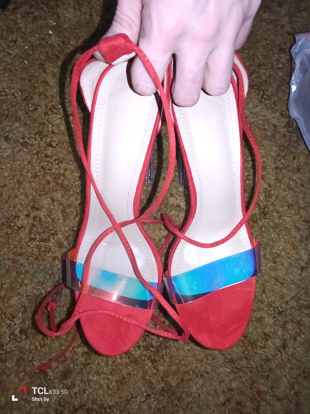Red Rhinestone Platform Lace-Up Heels - Picture 2 of 5